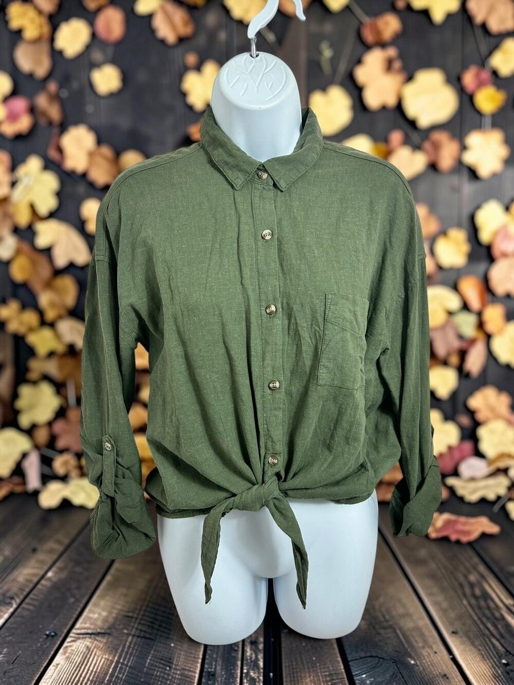 Thread & Supply Olive Green Button Front Shirt Sz S Long Roll Tab Sleeves Womens